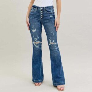 Judy Blue Button Fly Trouser Flare Jeans with Destroyed
